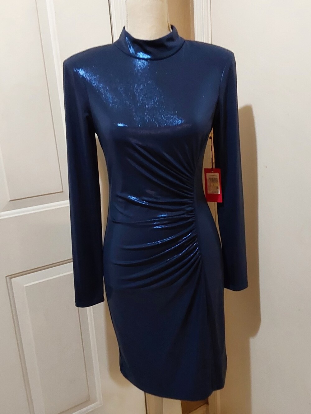 🌺 NWT Vince Camuto Navy Blue Long-Sleeve Ruched Sheen Dress